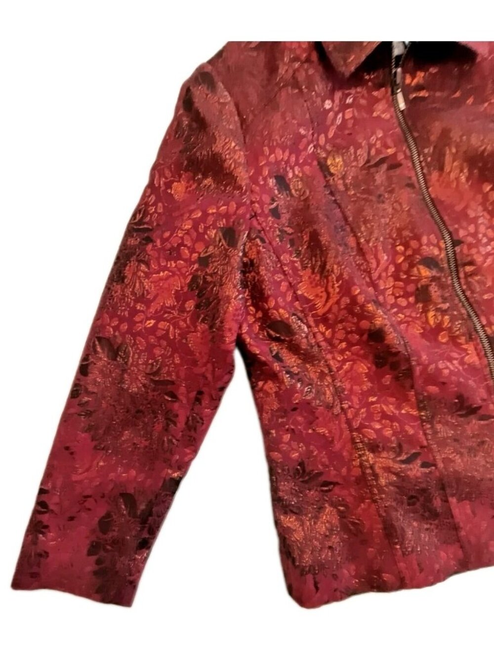 Kim Rogers Petite 12P Jacket Red Metallic Floral Zip-Up Brocade Style Top - Picture 2 of 12